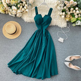2021 Sexy V-neck Vintage Back Bandage Dress Women Summer Elegant Big Swing Long Party Dress Female Green Beach