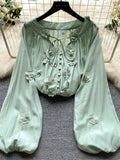 Senior Embroider Loose Blouse Lace Up Bow V Neck Single Breasted Cardigan Long Puff Sleeves Women Gentle Solid