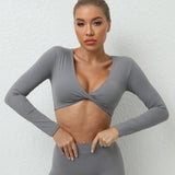 Cross V-neck Sporty T-shirt Women Sportswear Gym Workout Top Long Sleeve Fitness Sport Shirts Female Yoga Clothes Crop