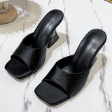 Zingj High Heel Slippers Female Summer Square Head Solid Color A Word Wear Fashion Versatile Ladies Large Size