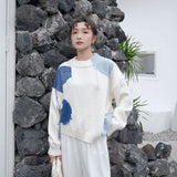 Japanese Fashion Women Sweater Pullover White Loose Knitted Jumper Color Block Sweater Winter Fashion