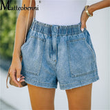 Summer New Blue Women's Denim Shorts Large Size Sexy High Waisted Pocket Jeans Shorts Casual Elastic Waist Streetwear