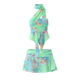 Green Tie-dye Print Chiffon Halter Tank Top And Mini Skirt Set-Outfit
