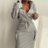 V Neck Hooded Sweatshirt Dress Fashion Long Sleeve Casual Dress Womens Lace-Up Elastic Waist Cargo Pocket Pullover