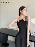 Summer 2022 Womens Fashion Backless Long Slip Dress Black Spaghetti Strap Tunics Designer Asymmetrical Midi
