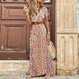 2020 Bohemian Summer Casual Belt Print Split Women's Dress Fashion Sexy Deep V Neck Short Sleeve Ladies Dresses
