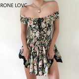 Women Eyelet Lace-up Off Shoulder Floral Print Dress Elegant Fashion Chic