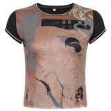 Retro Tie Dye Graphic Print T-shirt E-girl Gothic Women Short Sleeve Slim Fit Crop Top Female Summer Basic Sweats