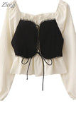 Women Shirts And Blouses Korean Style Harajuku Fashion Kawaii Square Collar Long Sleeve Patchwork Shirt Top Clothes Summer