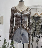 Real Shooting Wasteland Hottie Make Old Hole Tie-Dye V-Neck Irregular Ribbon Long-Sleeved Top Short T-Shirt