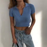 Top Female Polo Shirts Summer Short Sleeve T-shirt Women's Vintage Clothes Ribbed Solid Slim Knit Top Cropped Tees
