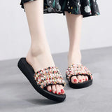 Heel Colored Pearl Women Slippers Flat Bottom Flip Flops Seaside Holiday Beach Shoes Outside Non-Slip Slides flower
