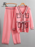 Fashion Sweater Two Pieces Sets Ladies Long Sleeve Knit Cardigan+Wide Leg Long Pant Sets Women OL Loose Knitted