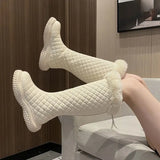 Winter Warm Snow Boots Women Fashion PU leather Fur Plush Shoes Flat Heels Knee High Boots Black White Ladies