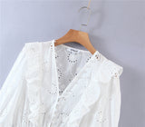 Queens Women White Lace Embroidery Hollow Out Beach Bohemian Mini Dresses Ladies V-neck Wrist Boho Dress