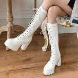 Platform Lacing Knee High Boots Women Square High Heel Motorcycle boots Woman Pu Leather Shoes Autumn Winter Ladies