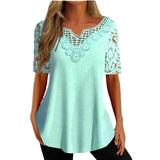 Lace Short Sleeve Blouse Women Elegant V Neck Sweet Tops Mujer Ladies Casual Slim Shirt Simple Hollow Stitching