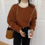 Winter Korean Style Elegant Fashion Sweet Sweater Lady Side Slit All-match Loose Casual Knitted Pullover Top Women