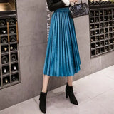 Winter Velvet Skirt High Waisted Skinny Large Swing Long Pleated Skirts Metallic Plus Size 3XL Midi