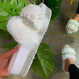 Thick Bottom Water Drill Fur Slippers Women's Autumn New Flat Bottom One-Word Drag Large Size Women's
