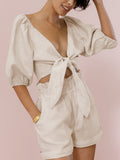 Sexy Lace-up Tops And Shorts Outfits Women Fashion Solid Two Piece Sets 2022 Spring Summer Casual Loose Suits For