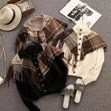 Zingj New Turtleneck Knit Sweater Korean Version Design Sense Plaid Tassel Shawl Fake Two Knit Cardigans-Outfit