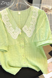 Embroidered Doll Collar Blouses Women Short Sleeve Lace Shirt Tops 2023 Lady Korean Vintage Elegant Chiffon Clothes