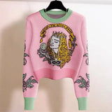 Pink Flower Crown Girl Jacquard Short Sweater Knitted Crop Tops Winter Clothes Y2K Jumper Elegant Lady Kawaii