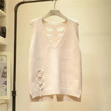 Hollow V-neck Knitted Sweater Vest Female Sleeveless Strap Ribbed Edge Solid Color Pullover Sweater Vest Women Spring