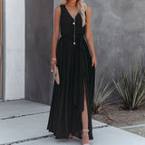 Women New Spring Solid Maxi Dress Elegant Deep V Neck Office Lady Long Dress Summer Sleeveless Hollow Out Hight Slit Party