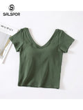 Women Shirts Cotton Short Sleeves with Bra Pads and Cups Home Sports T-Shirt Women V Neck Summer Comfortable Tops