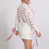 White Pink Ribbon Lace Up Sweater Cardigan-Outfit