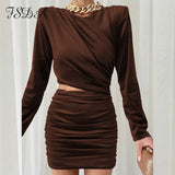 2021 Hollow Out Bodycon Dress Mini Women Brown Autumn Winter Sexy O Neck Long Sleeve Elegant Party Dresses Black