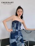 2022 Fashion Color Block Bodycon Strapless Denim Dress Women Patchwork Backless Slit Tube Dress Designer Spring