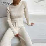 2020 Women Set Sweater Top Long Sleeve And Biker Pants Autumn Winter White Casual Two Piece Set Warm Outfits