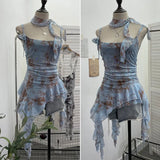 Real Shooting Retro Tie-Dye-Print Mesh Sling Sling Sling Vest Irregular Lotus Leaf Edge Ribbon Sleeveless Top