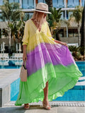 Summer Casual Printed Dress Long-sleeved V-neck Stitching Contrast Color Long Dress Fashion Holiday Women's Clothing