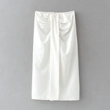 Women Solid Split Summer Midi Skirt New Vintage Chic With Knot Wrap High Waist Front Slit Female