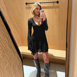 Lace Long Sleeve Hollow Out V-Neck Mini Dress- Outfit
