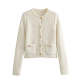 Buckle-Repair Knitted Cardigan 2025 Spring Collar Bag Long-Sleeved Women's Sweater