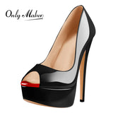Onlymaker Women's Peep Toe Pumps Platform Fashion Spike Pumps Extremely High Heel Party Wedding Slip On Shoes Big Size