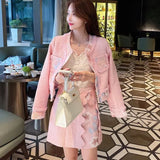 2021 New Autumn Winter Women Sets High Quality Embroidery Vintage Jack Tweed Coat and Mini Skirt Two Piece