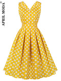 Retro Vintage Swing Shirt Dress Yellow Cotton Polka Dot Pleated 50S 60S Sundress A Line Elegant Pin Up Rockabilly