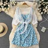 Zingj Small Pure And Fresh Broken Flower Condole Belt Skirt Chiffon Small Shawl Female Summer Two Set