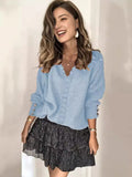 2025 New Lace V-Necked Jacket Sweater Lady Loose Long-Sleeved Solid-Colored