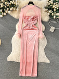 Sexy Velvet Patchwork Dress Hollow Out Mesh Long Sleeves Fur Design Slim Autumn France Chic Ladies Evening Party