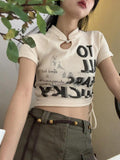 Cheongsam Style Graphic T Shirts Short Sleeve Crop Top Vintage 2022 Summer 90s Grunge Aesthetic Clothes Korean