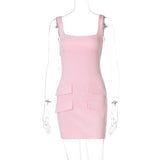 Satin Square Neck Mock Pocket Mini Dress- Outfit