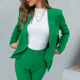 Women's Suit Elegant Solid Green Two Piece Set Blazer Trouser Sets Office Lady Chic Tops Outfits Fashion Blazers Suits