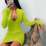 Fashion Women Sexy Bodycon Dress Autumn High Collar Long Sleeve Slim Fitness Dress Elegant Ladies Casual Pencil Dress